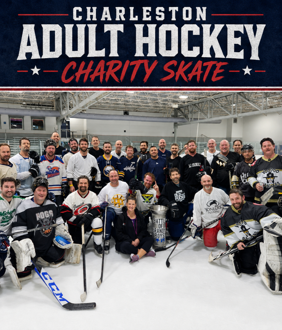 Charleston Adult Hockey Charity Skate — players gathered on the ice at Carolina Ice Palace