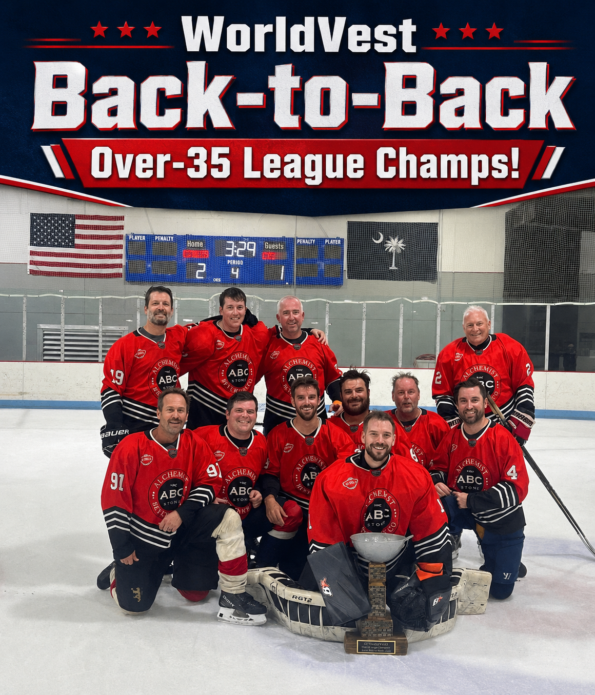 WorldVest, back-to-back Over-35 League champions, on the ice with the trophy at Carolina Ice Palace